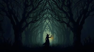 a person in a dark forest holding a lantern Halloween Banner With Forest Witch Desktop, Halloween, Witchcraft Desktop, black