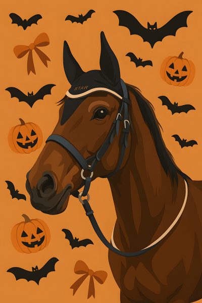 a brown horse wearing a bridle with bats around it's neck and head Cute Halloween Horse Valentines Horse, Horse Background, Preppy Stickers, Horse Boarding, Horse, chocolate