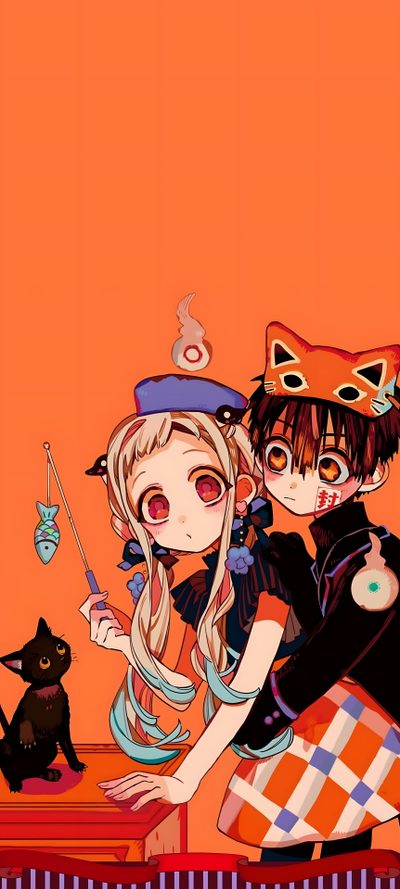 two anime characters standing next to each other with cats on their heads and one holding an umbrella Hanako Halloween Tbhk Christmas, Hanako Christmas, Toilet Bound Hanako Kun Christmas, Toilet Bound, tomato