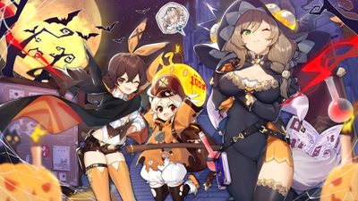 three girls dressed in halloween costumes standing next to each other with bats and pumpkins Genshin Impact Halloween Anime Halloween Pc, Halloween Genshin, Genshin Halloween, dim gray