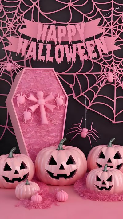 three carved pumpkins sitting in front of a pink frame with the words happy halloween on it Happy Halloween Pink Halloween Pink Theme, Bold Pink Halloween Theme, Spooky Pink, indian red