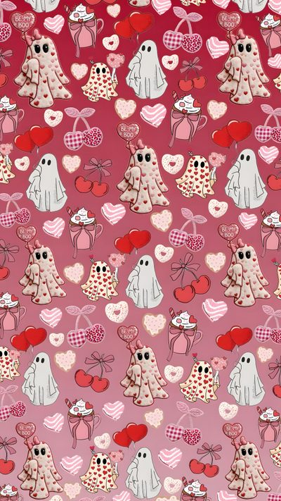 a pink background with lots of hearts and ghost like figures on it's surface Halloween Valentines Spooky Valentines, Valentines Ghost, Ghost Valentines, 4th Of July, rosy brown
