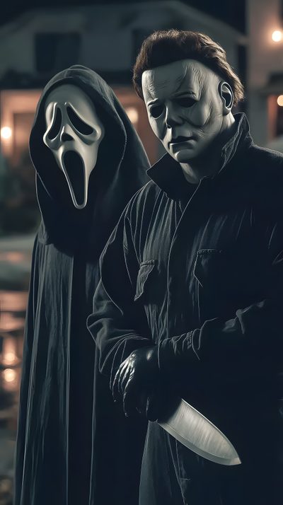a man wearing a mask and holding a knife in front of another person's face Halloween Movies Halloween Hd, Ghostface With Michael Myers, Ghostface Halloween, black