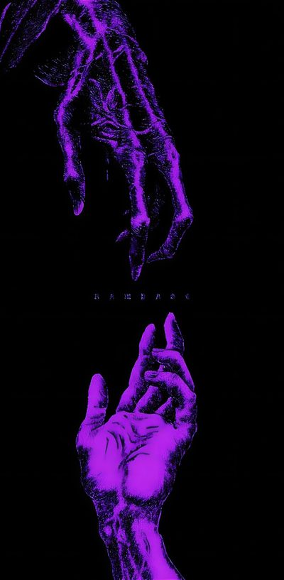 two hands reaching towards each other in the air with purple light on them and black background Halloween Skeleton Hand Purple Purple Goth Aesthetic, Black And Purple, Mlg,