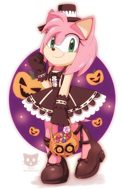 an anime character with pink hair and green eyes holding a handbag in front of a purple Amy Rose Halloween Amy Rose Halloween Costume, Amy Rose Skeleton, Sonic And Amy Halloween, pink
