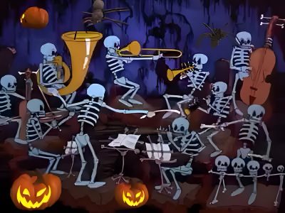 skeletons playing musical instruments and pumpkins in the dark Halloween Laptop Gif Cute Halloween Gif, Animated Halloween, Skeleton Fall Gif, dark slate gray