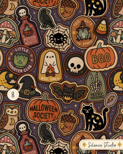 an image of halloween stickers on a purple background Halloween Patch Retro Color Palette, Witch Hat, Retro Color, Surface Design, Seamless Patterns, saddle brown