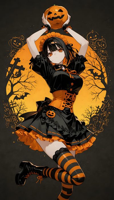 a woman dressed in black and orange holding a pumpkin Halloween Anime Hd Female Orc, Gothic Anime, Modern Fantasy, Emo Scene, Fashion Design Drawings, black