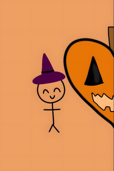 a drawing of a person wearing a witches hat standing next to a pumpkin shaped object Halloween Matching Cute Halloween Illustration, Diy Halloween Card Ideas, Halloween Party Invitation Design, sandy brown