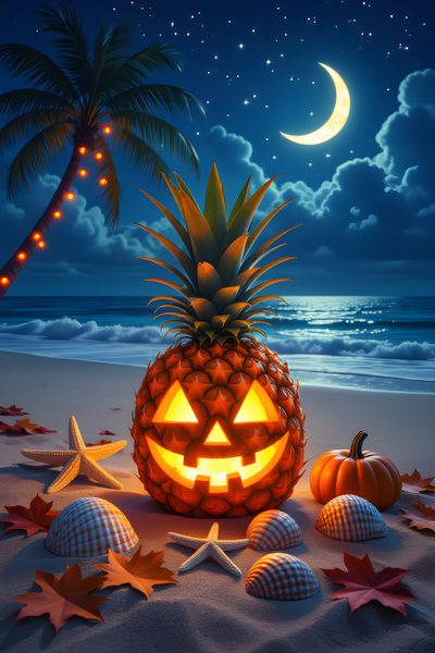 a pineapple carved into the shape of a jack - o'- lantern on a beach Halloween Tropical Beach Halloween, Halloween Beach Background, Halloween Tropical, dark slate gray