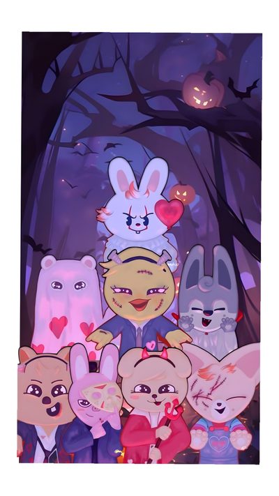 an image of some cartoon animals in the woods with hearts on their heads and ears Straykids Halloween Skzoo Characters, Stray Kids Skzoos, Cute Stray Kids Skzoo, Skzoo Valentines, rosy brown