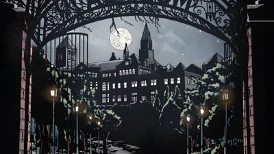 an image of a city at night with the moon in the sky Arkham Halloween Dark Deco, Batman Arkham Asylum, Arkham City, Arkham Asylum, Batman Universe, black