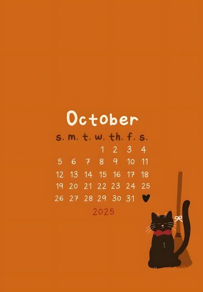 an orange calendar with a black cat holding a broom in it's paws, and the date is october October 2025 Calendar Halloween Halloween Color Palette, October, Calendar Widget, chocolate