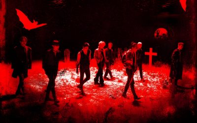 a group of people standing in the middle of a cemetery Ateez Halloween Ateez Vampire, Ateez Headers Twitter, Kpop Demon Hunters For Laptop, black