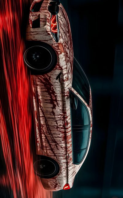 a car with red paint on it driving down the road Bmw Halloween Bmw M4 Red Eyes, Design, Bmw Blood, Bmw Horror, Bmw Series, Bmw M3, black