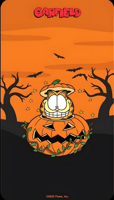 a cartoon character sitting on top of a pumpkin in the middle of a halloween scene Halloween Garfield Garfield Fall, Phone Pastel, Garfield Halloween, Garfield Screensaver, chocolate