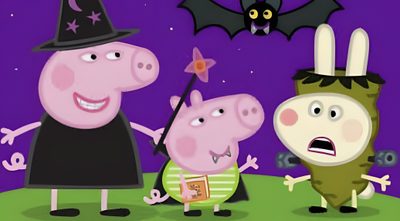 peppa pig and his family are dressed up for halloween with bats in the background Peppa Pig Halloween Peppa Pig Halloween Episodes, Mummy Sheep Peppa Pig, Peppa Halloween Episode, dark slate blue