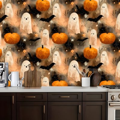 a kitchen wall with halloween decorations and ghost heads on it's face, in front of an oven Halloween Kitchen Modern Halloween, Vinyl Backsplash, Renter Friendly, Neutral Color Scheme, sienna