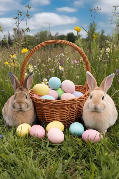 two rabbits sitting next to a basket filled with eggs Halloween Easter Ideas Easter Pics Aesthetic, Easter Bunnies, Easter Pictures Aesthetic, dim gray