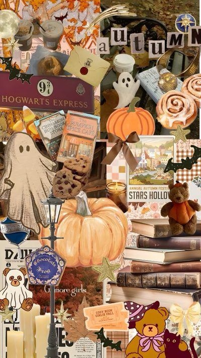 a collage of halloween related items including candles, pumpkins, books and other things Gilmore Girls Halloween Halloween Cute, Fall Collages, Fall Fun, Fall Aesthetic Collage, peru