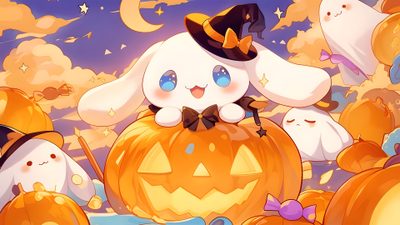 a cartoon bunny sitting on top of a pumpkin surrounded by other cats and ghost's Cinnamoroll Halloween Cinnamoroll Sanrio Halloween, Cinnamoroll Halloween, Pumpkin Carving Ideas Cinnamoroll, light salmon
