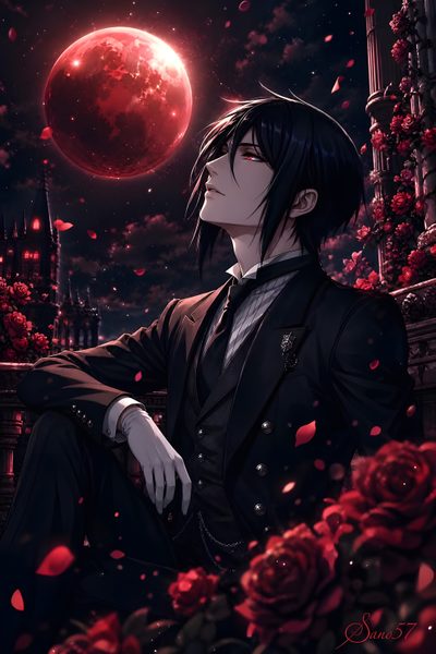 a man sitting on the ground in front of a full moon and red rose bush Halloween Anime Boy Sebastian Michaelis Fanart, Black Butler Fanart, Sebastian Michaelis, Shu Sakamaki,