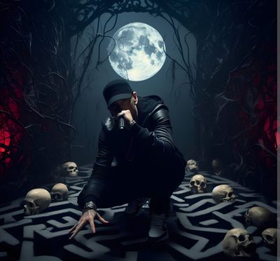 a man kneeling down in front of a maze with skulls on it and a full moon behind him Eminem Halloween 3d Eminem, Eminem Monster, Eminem Fan Art, Eminem Pfp 4k, Eminem Show Cover, black