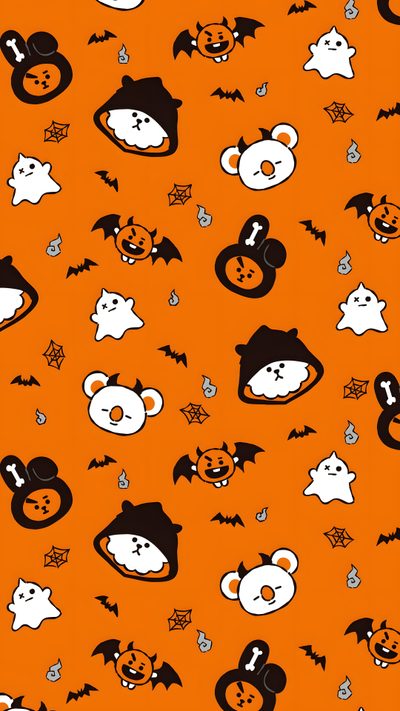 an orange background with black and white halloween themed animals, bats, and pumpkins Bt21 Halloween Halloween Bg Cute, Cute Halloween Disney, Cute Kawaii Halloween, dark orange