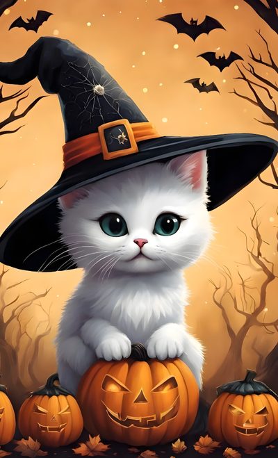 a painting of a white cat wearing a witches hat sitting on top of pumpkins Free Halloween Cat Halloween Cats Art, Halloween Cat Images Cute, Cute Halloween Animals - Cat, peru