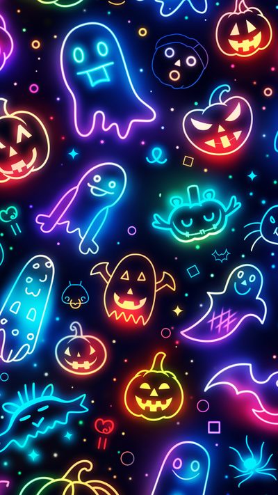 neon halloween wallpaper with ghost and pumpkins Neon Halloween Pattern Halloween Neon Leopard Background, Halloween Lights, Colorful Halloween, midnight blue