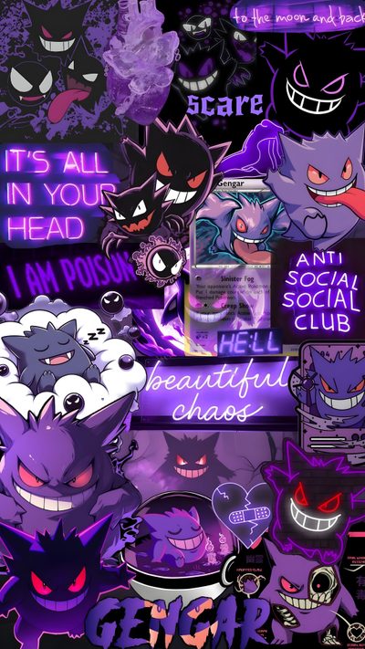 an image of some cartoon characters with purple and black colors on their face, in the background Gengar Halloween New York Iphone, Tatuagem Pokemon, Pokemon Rayquaza, Ghost Pokemon, dark slate blue