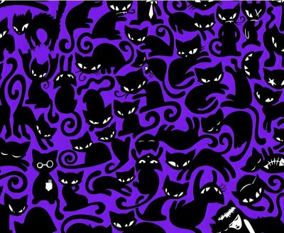many black cats with white eyes are in the purple and black pattern on this wallpaper Halloween Purple Cats Custom Alt Laptop, Emo Purple Aesthetic, Emily The Strange, Creepy Cat Background, black