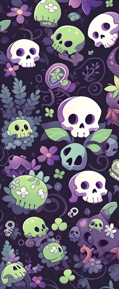 a bunch of skulls and flowers on a black background with purple, green and blue colors Purple And Green Halloween Springoween, Cute Gothic Aesthetic, Cute Spooky Iphone, dark slate blue