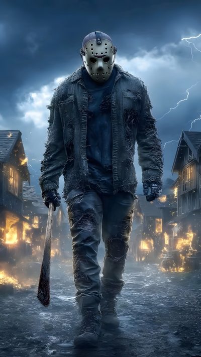 a man with a hockey mask on walking down a street in front of houses and lightning Jason Halloween Jason Voorhees Art, Jason Horror, Jason Vorhees, Scary Characters, dark slate gray