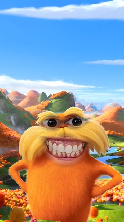 the lorax is smiling and standing in front of an autumn landscape Preppy Lorax Halloween The Lorax Pfp, The Lorax People, Lorax Rizz, Lorax Pic, dark sea green