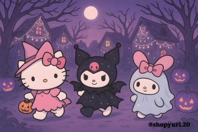 three hello kitty halloween characters standing in front of pumpkins and trees with lights on Hello Kitty Halloween For Ipad Hello Kitty Rooms, Hello Kitty Items, Gravity Falls, Hello Kitty, dim gray