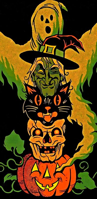 an image of halloween pumpkins and witches Old School Halloween Halloween Art, Halloween Artwork, Horror Artwork, Vintage Halloween Images, black