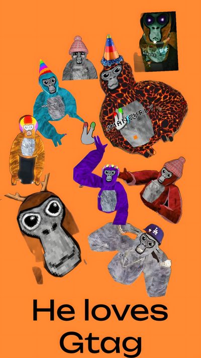 an orange poster with many different items on it that say, he loves gtag Gorilla Tag Halloween Gorilla Tag, Bugs, Tags, Bugs And Insects, coral