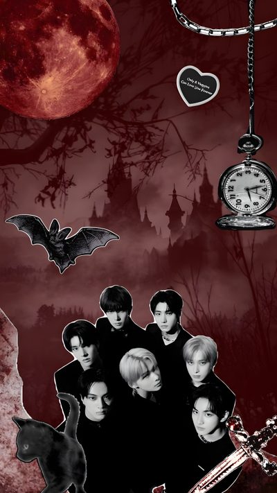 an image of some people in the dark with bats and blood moon behind them on a red background Enhypen Halloween Dark Moon Vampire, Halloween Kpop Demon Hunters, Mystery Kpop Demon Hunters, maroon