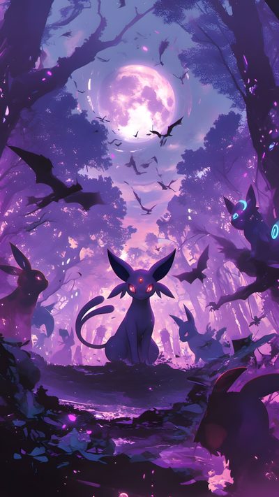 an animal with glowing eyes standing in the middle of a forest filled with bats and bats Eevee Evolutions Halloween Pokémon Halloween, Espeon, Pokemon Eevee Evolutions, dark slate blue