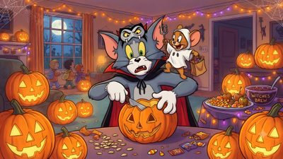 a cartoon cat and mouse sitting in front of pumpkins Tom And Jerry Halloween Funny Costumes, Tom And Jerry, Amazing Adventures, Trick Or Treat, Carving, sienna
