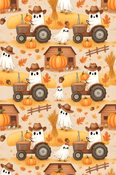 a halloween themed wallpaper with pumpkins, ghost and farm animals in the background Halloween Farm Spooky Background, October Halloween, Fall Candle Scents, Farmhouse Halloween, sandy brown