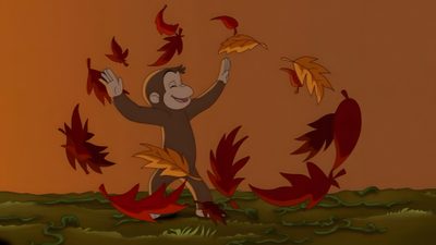 a monkey is throwing leaves in the air Halloween Curios George Curious George Apple Picking, Curious George Apple Harvest, Curious George Halloween Episode, saddle brown