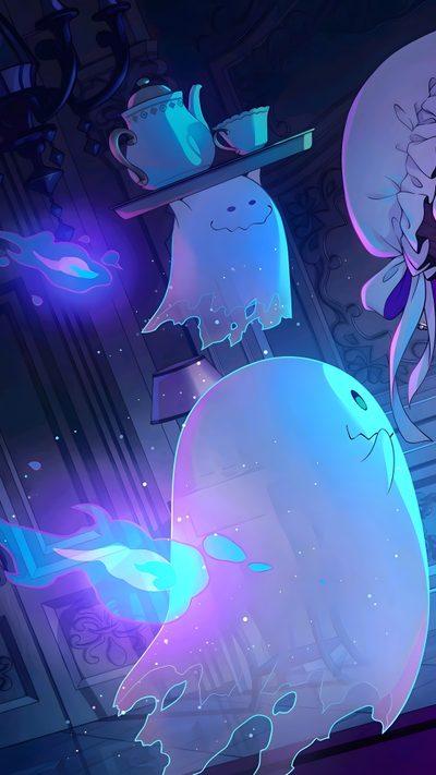 an animated image of a ghost with glowing eyes and arms, holding a teapot Pjsk Halloween Ghost Anime, Floating Ghost Pokemon, Cute Ghost Anime, Ghost Anime Cute, dark slate blue