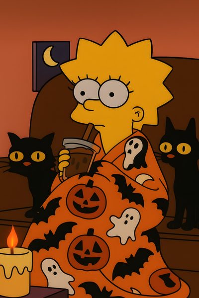 a cartoon character sitting on a couch with two black cats in front of him and one is holding a cup Simpsons Halloween Fall Cartoon, Fall Halloween Cartoon, Aesthetic Halloween Pictures Cartoon, saddle brown