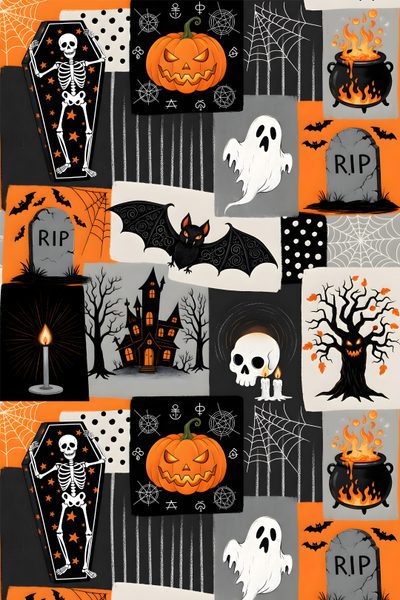 a halloween themed wallpaper with pumpkins and skeletons Halloween Squares Custom Spooky Halloween Digital Pattern, Halloween Themed Pattern Collage, Cool Halloween, dark olive green
