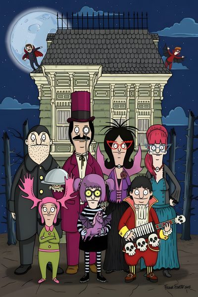cartoon characters are posing in front of a house with the caption bob's burgers Bobs Burger Halloween Bobs Burgers Halloween, Bobs Burgers Background Characters, Bob's Burgers, dark slate gray