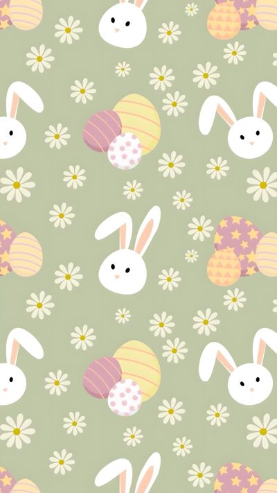 a green background with white rabbits and eggs on it's sides, surrounded by daisies Halloween Easter Ideas Pasen, Easter Asthetics, Easter Image, Easter Patterns, Easter Backggrounds, silver