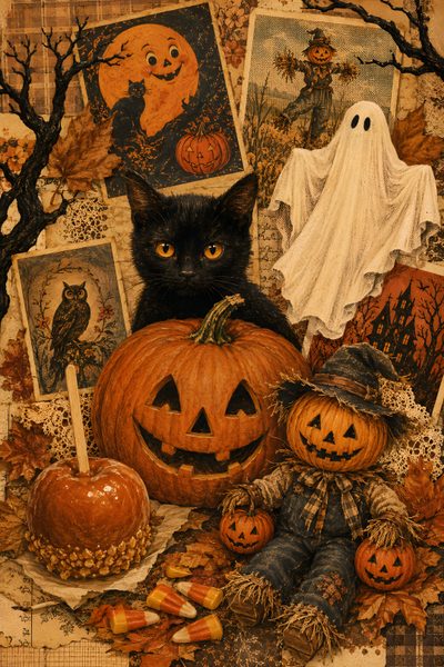 a black cat sitting on top of a pile of pumpkins next to other halloween items Vintage Halloween Cat Unique, Warm Autumn, Halloween Fashion, Ipad, Cozy Fall, Halloween Design, saddle brown