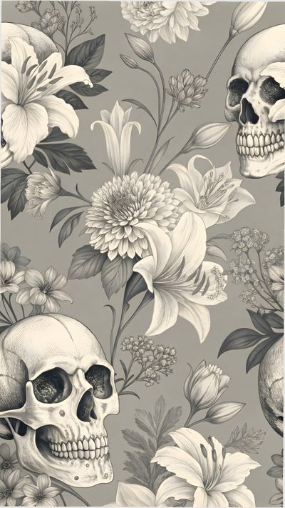 skulls and flowers on a gray background with black and white ink art work in the middle Halloween Thorny Skulls Warm Gray Skull Backgrounds, Cell Phone Backgrounds, Skull And Flower,